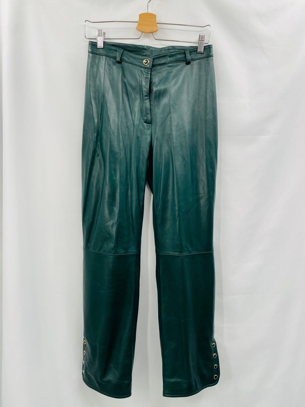 St. John 6 Green Leather button ankle straight leg Pants